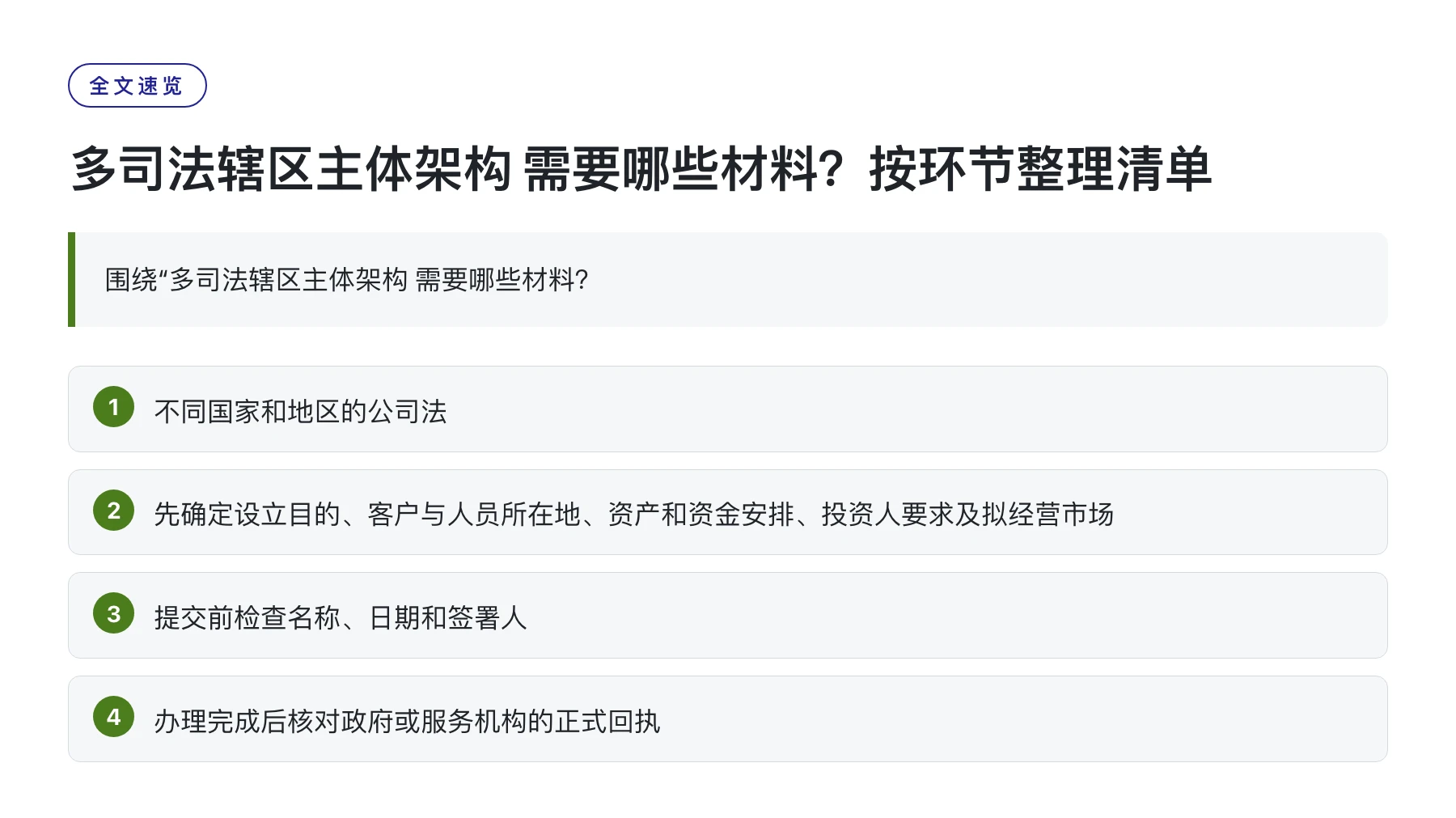 多司法辖区主体架构 需要哪些材料？按环节整理清单——全文要点速览